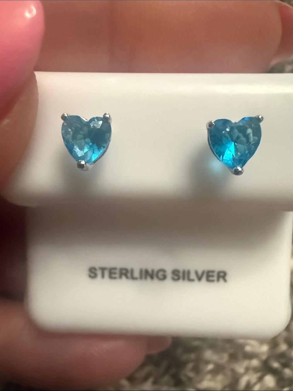 Sterling Silver Heart Stud Earrings with Blue aqua Gemstone